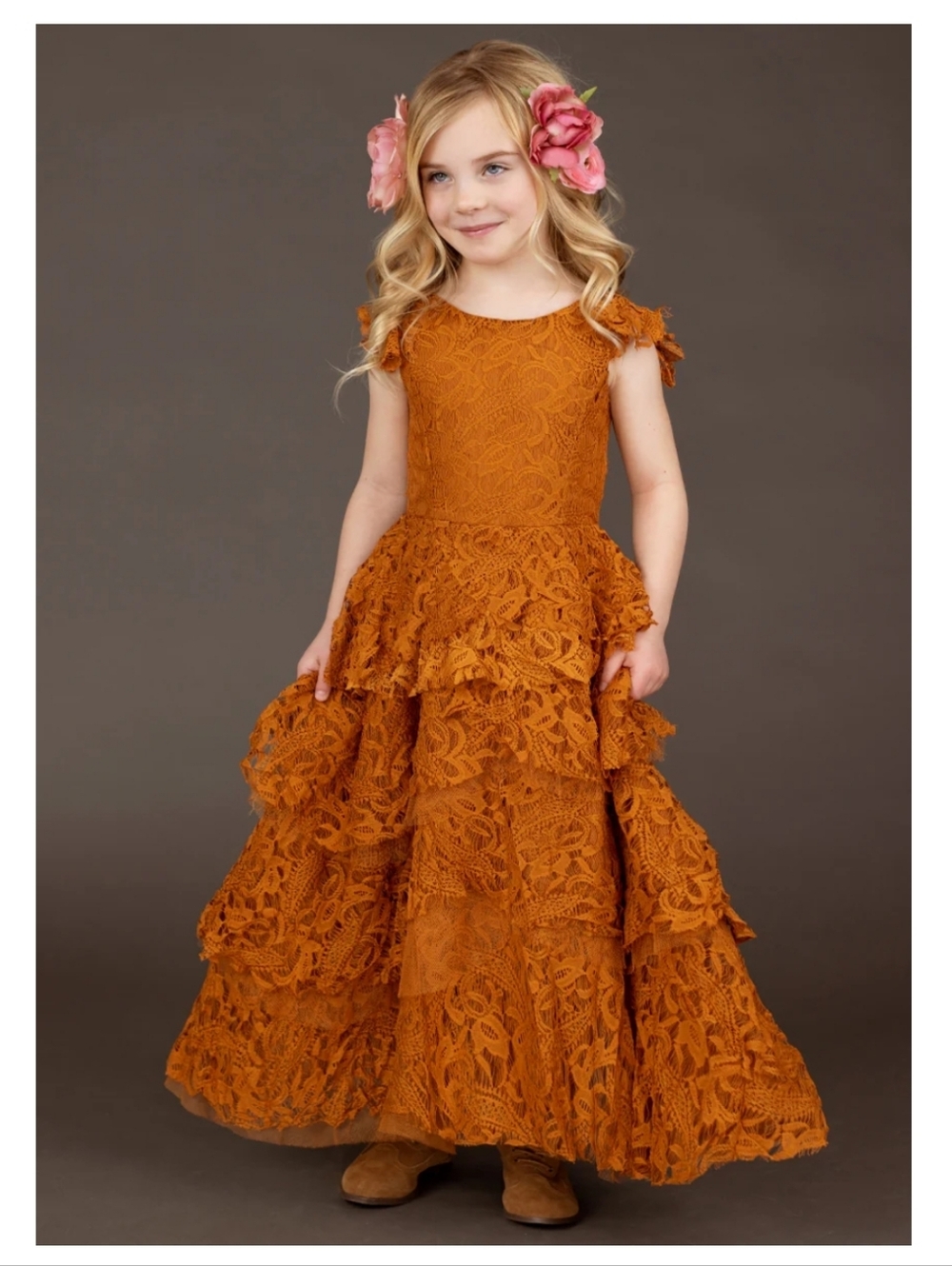 Joyfolie Lyra Girls Dress in Marigold Burnt Orange
